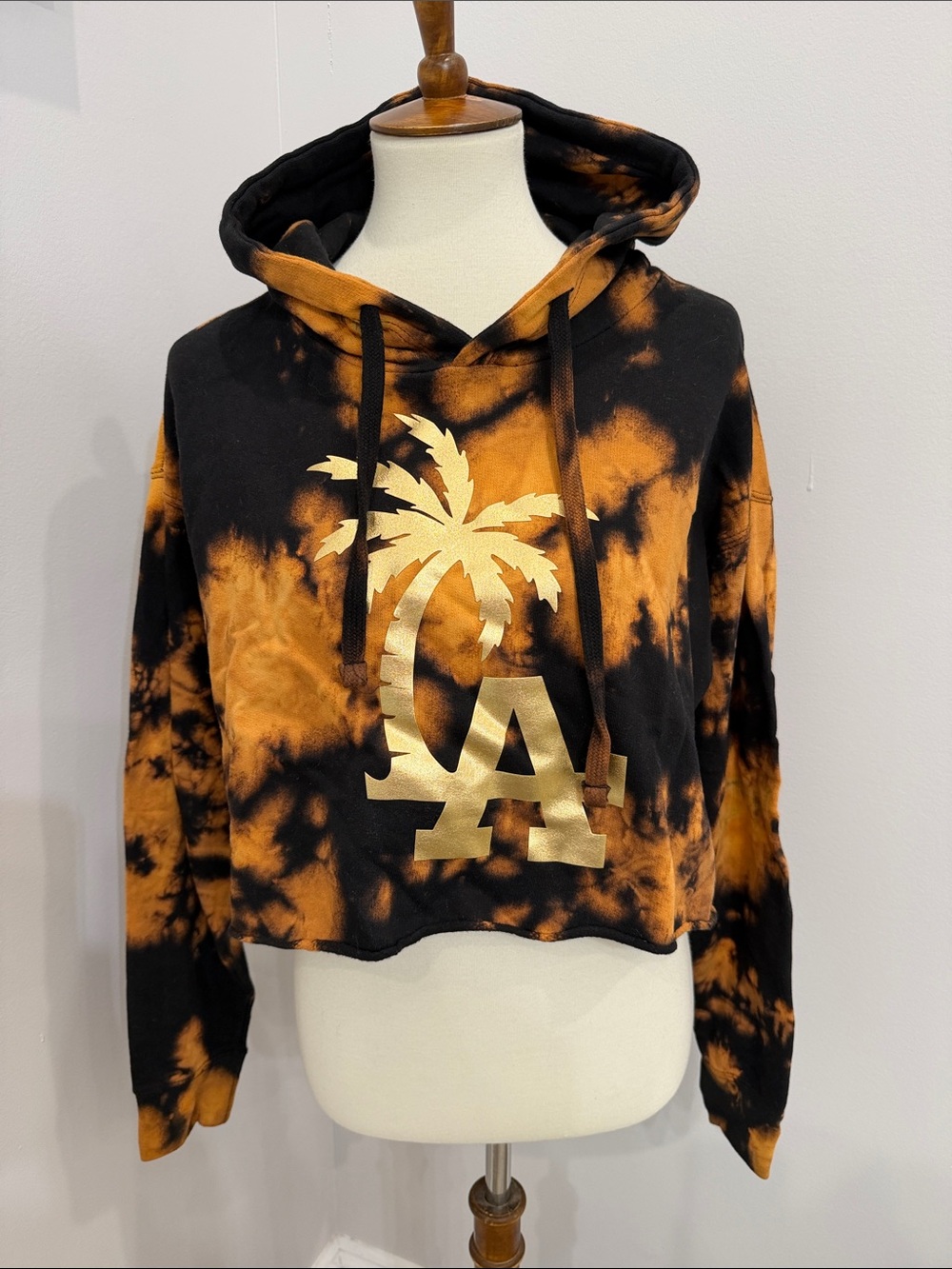Cropped Tie-Dye Hoodie with Gold LA Palm Graphic - Black & Orange
